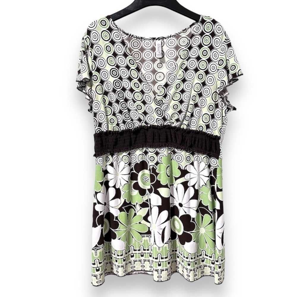 Vintage 90s Gitano Green Brown Floral Geometric V-Neck Mod Dress Women's Size XL